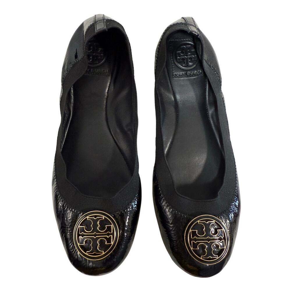 Tory Burch Caroline Ballet Flats Women’s 9 Black Patent Leather Logo Shoes - Picture 5 of 15